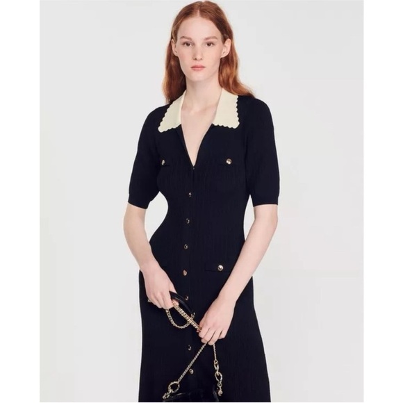 NWT Sandro Lauralie black notched collar midi gold button front dress 38 M knit